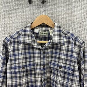 VTG LL Bean Chamois Button Up Shirt Mens Sz Large Blue Grey Pockets Long Sleeve